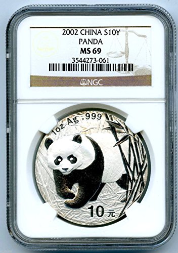 2002 1 oz Silver China Panda 10 yn NGC MS69 Dokaz poput .999 Fino S10Y kineski