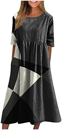 Ženska 2023. modna casual udobne haljine Ljeto tiskovina kratkih rukava Crew Crt haljina s džepovima