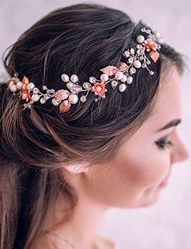 Jumwrit Bridal Pearl traka za glavu Rhinestone Crystal Headpiece Flower Leaves Hair Vine Dainty Hair Band