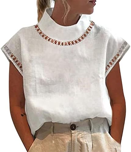 Ženske pamučne platnene bluze izdubljene visoke majice kratkih rukava O-izrez Dressy Solid Tops 2023 ljetne